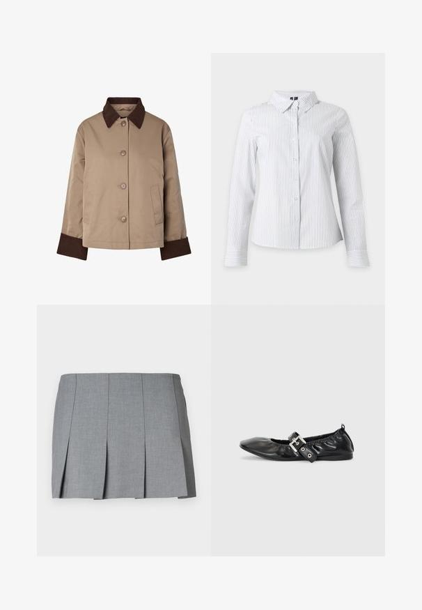 Veste beige avec col et poignets marron foncé, boutons à l'avant et deux poches latérales, présentée sur fond blanc.; Chemise blanche à manches longues avec fines rayures verticales noires et col pointu, présentée sur fond blanc.; Jupe plissée grise avec une texture lisse, un design structuré et une taille ajustée. Fabriquée en tissu léger avec un motif subtile.; Chaussure plate en cuir noir avec un nez pointu, des détails froncés autour de l'ouverture et un accent en boucle argentée sur la bride ajustable.