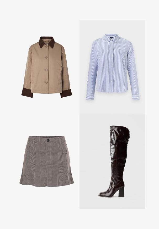 Chaqueta beige con cuello y puños marrón oscuro, botones delanteros y dos bolsillos laterales, mostrada sobre un fondo blanco.; Camisa de manga larga con botones, con rayas verticales blancas y azul claro y cuello puntiagudo, mostrada sobre un fondo liso.; Falda a cuadros en blanco y negro, hecha de una tela ligera, con una cinturilla con botón y un diseño plisado para un detalle adicional.; Botas de cuero burdeos brillante hasta la rodilla, con punta cuadrada y tacón ancho, con un diseño holgado y detalles mínimos de costura.