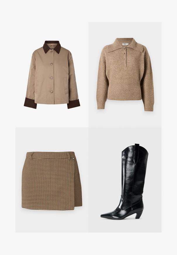 Chaqueta beige con cuello y puños marrón oscuro, botones delanteros y dos bolsillos laterales, mostrada sobre un fondo blanco.; Suéter marrón con un cuello de camisa, puños acanalados y dobladillo. Presenta un cierre frontal con botones y una textura suave.; Mini falda de patrón de espiga en marrón y beige con un ligero detalle de envoltura y presillas para cinturón sobre un fondo blanco.; Botas de cuero negras hasta la rodilla con punta afilada, tacón bajo y detalle de costura decorativa en los laterales. Acabado suave y brillante.