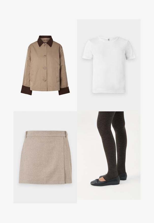 Beige jas met donkerbruine kraag en manchetten, knopen aan de voorkant en twee zijzakken, afgebeeld op een witte achtergrond.; Witte t-shirt met korte mouwen en een geribde textuur. Klassieke ronde hals, geen zichtbare logo's of patronen, en een eenvoudig, strak ontwerp.; Beige korte rok met linnenstructuur, een strakke overslag, riemlussen en een lichte split aan de rechterkant.; Benen met donkere geribbelde leggings gecombineerd met zwarte ballerina's met kleine strikdetails op een witte achtergrond.