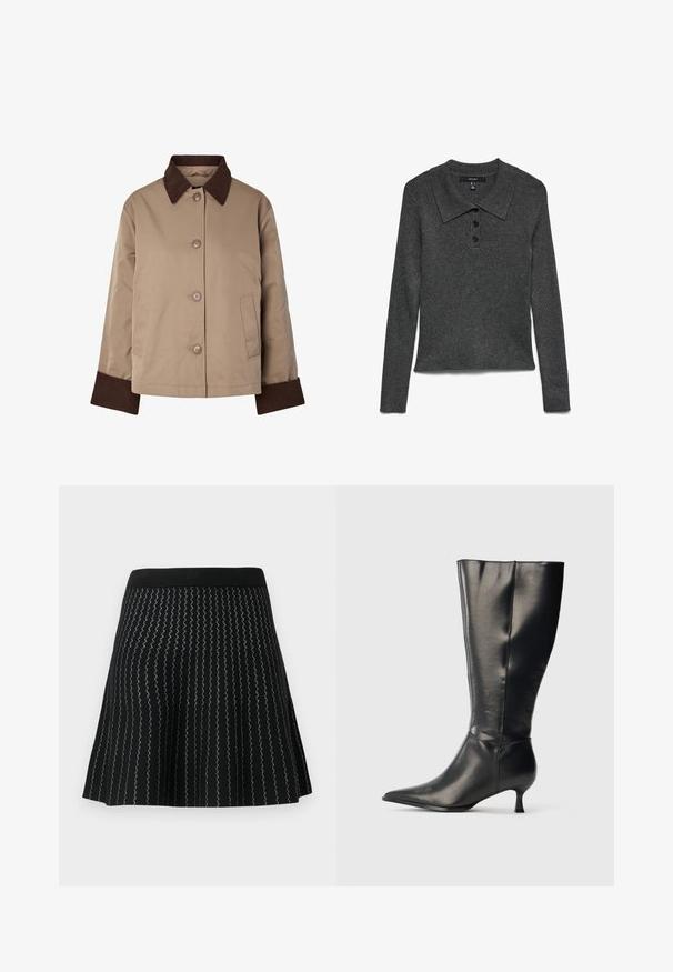 Beige Jacke mit dunkelbraunem Kragen und Manschetten, Vorderknöpfen und zwei Seitentaschen, auf weißem Hintergrund dargestellt.; Dunkelgraues, geripptes Polohemd mit langen Ärmeln und Kragen, das drei schwarze Knöpfe am Ausschnitt und einen leicht abgeschnittenen Saum aufweist.; Schwarze Rock mit strukturiertem Strick und Zickzack-Silberstreifen, ausgestelltem Design und festem schwarzen Bund.; Schwarzer kniehoher Lederstiefel mit spitzer Zehenpartie und niedrigem Kittenabsatz, präsentiert vor einem schlichten hellen Hintergrund.