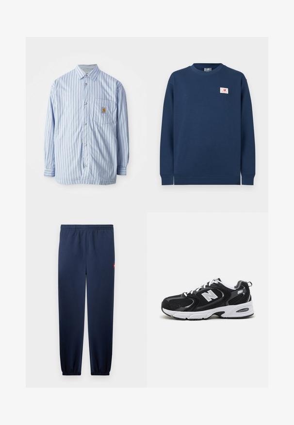 Stribet skjorte i lyseblå og hvid med røde accenter. Har en brystlomme og lange ærmer. Fremstillet af et glat materiale.; Mørkeblå crewneck-sweatshirt med lange ærmer og et lille rektangulært New Balance-logo på venstre bryst.; Marineblå sweatpants i fuld længde med elastik i talje og manchetter, inklusive et lille rødt logomærke på højre hofte.; Sorte og grå sportssko med mesh og ruskind på overdelen, der har en hvid mellemsål, snørebånd og et iøjnefaldende "N" logo på siden.