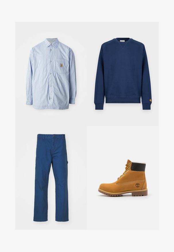 Gestreept button-up shirt in lichtblauw en wit met rode accenten. Heeft een borstzak en lange mouwen. Gemaakt van een soepele stof.; Marineblauwe sweater met een ronde hals, geribbelde manchetten en zoom. Voorzien van een klein logoplaatje op de linker mouw. Gemaakt van zacht stof.; Blauwe katoenen twill broek met een rechte pasvorm, voorzien van een knoopsluiting en zijzakken. Gladde textuur, geen zichtbare patronen of accenten.; Bruine leren enkellaars met metalen oogjes, witte faux bont voering, zwarte gewatteerde kraag, robuuste zool en een reliëflogo aan de zijkant.