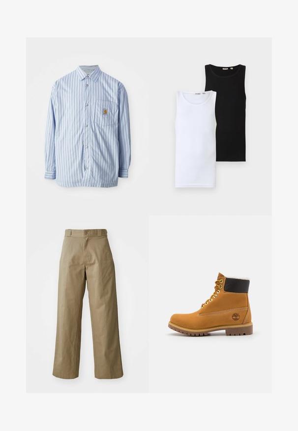 Gestreiftes Hemd in Hellblau und Weiß mit roten Akzenten. Verfügt über eine Brusttasche und lange Ärmel. Hergestellt aus einem glatten Stoff.; Zwei ärmellose, gerippte Tanktops, eines weiß und eines schwarz, flach auf einem hellgrauen Hintergrund ausgelegt.; Khakifarbene weit geschnittene Hosen aus Baumwollmischgewebe, mit einem einzelnen Knopfverschluss und sichtbaren Seitentaschen. Glatte Textur, Faltendetails.; Braune Leder-Ankle-Boots mit Metallösen, weißem Kunstfellfutter, schwarzem gepolstertem Kragen, robustem Sohlenprofil und geprägtem Logo an der Seite.