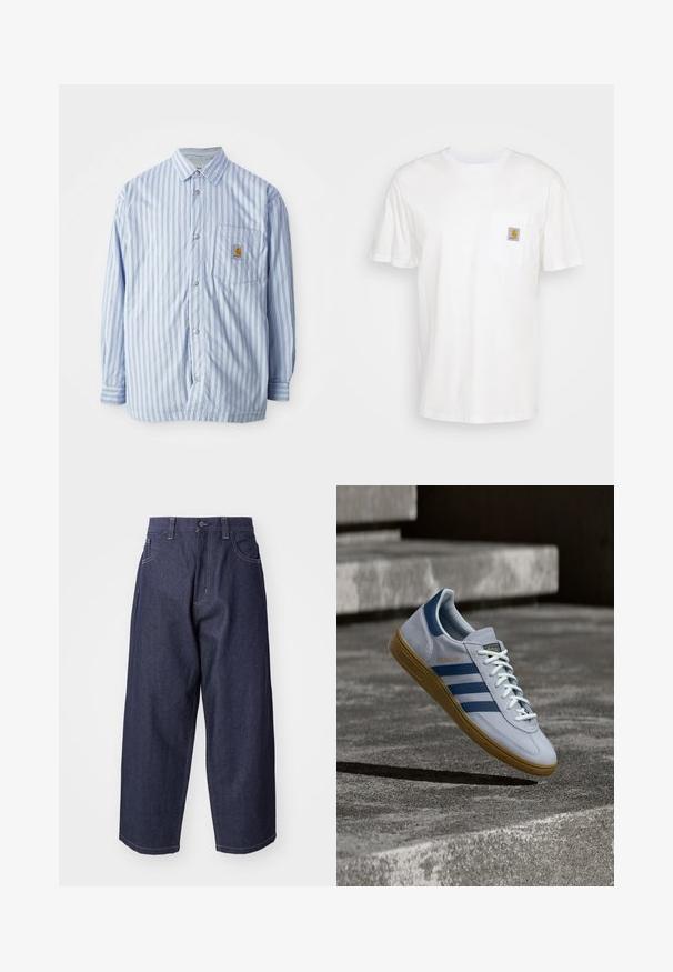 Gestreept button-up shirt in lichtblauw en wit met rode accenten. Heeft een borstzak en lange mouwen. Gemaakt van een soepele stof.; Witte katoenen t-shirt met korte mouwen, een borstzak en een klein vierkant logo-opdruk in oranje en wit op de zak.; Donkerblauwe denim jeans met een losse, wijde pasvorm. Kenmerken zijn een knoopsluiting, steekzakken aan de voorkant en zichtbare stiksels.; Lichtblauwe Adidas Spezial sneaker met marineblauwe strepen en rubberen zool, getoond in de lucht boven betonnen trappen in een neutrale buitenomgeving.