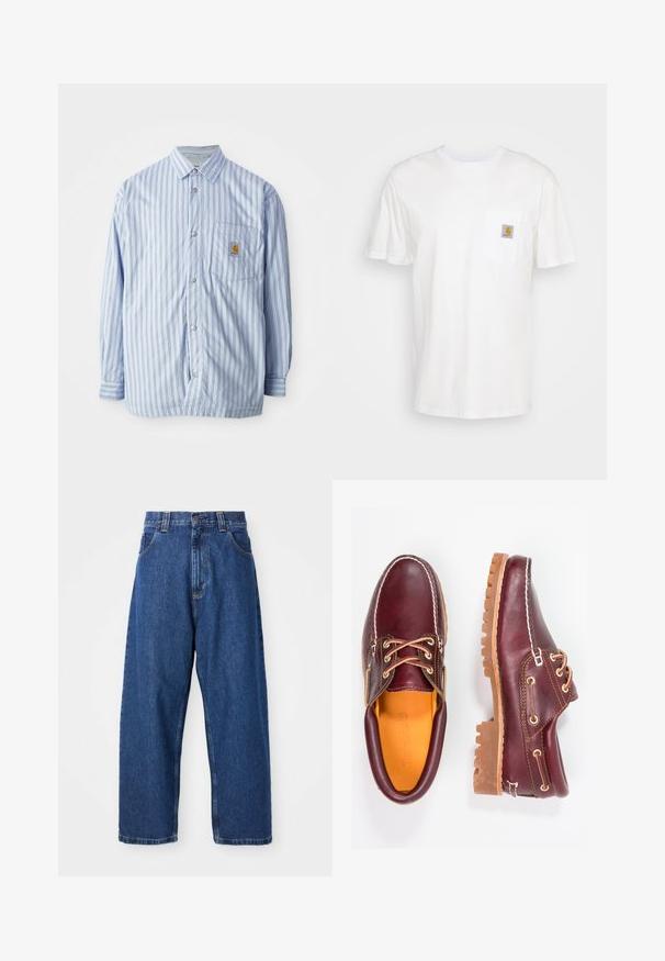 Gestreiftes Hemd in Hellblau und Weiß mit roten Akzenten. Verfügt über eine Brusttasche und lange Ärmel. Hergestellt aus einem glatten Stoff.; Weißes Baumwoll-T-Shirt mit kurzen Ärmeln, einer Brusttasche und einem kleinen quadratischen Logopatch in Orange und Weiß auf der Tasche.; Weite Jeans aus Denim in Dunkelblau. Hohe Taille, Gürtelschlaufen und klassisches Fünf-Taschen-Design. Gestickter Saum mit sauberem Finish.; Bordeauxfarbene Lederschuhe mit braunen Gummisohlen, runder Zehenform, weißen Nähten und goldenen Ösen. Das Innenfutter weist eine gelbe Beschichtung auf.