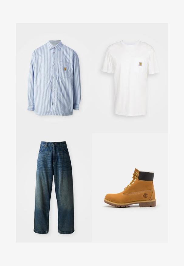 Stribet skjorte i lyseblå og hvid med røde accenter. Har en brystlomme og lange ærmer. Fremstillet af et glat materiale.; Hvid bomulds T-shirt med korte ærmer, en brystlomme, og et lille firkantet logo patch i orange og hvid på lommen.; Bredde ben blå denimjeans med en falmet finish. Har fem lommer, knaplukning og kontrasterende syninger. Tyk stof.; Brune læder ankelstøvle med metaløjer, hvid pelsforing, sort polstret krave, robust sål og præget logo på siden.