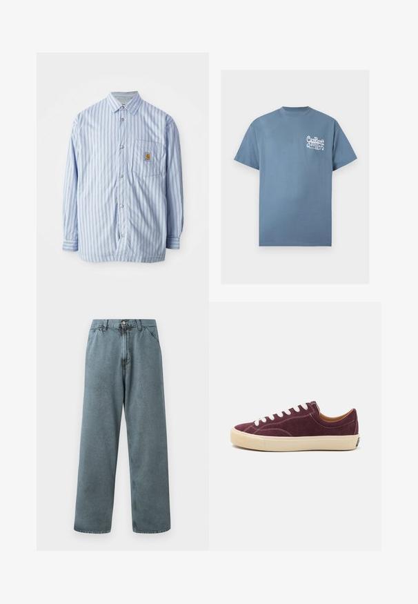 Gestreiftes Hemd in Hellblau und Weiß mit roten Akzenten. Verfügt über eine Brusttasche und lange Ärmel. Hergestellt aus einem glatten Stoff.; Blaues T-Shirt mit kurzen Ärmeln und Rundhals mit weißem, stilisiertem "Carhartt WIP" Schriftlogo auf der linken Brust.; Hellblaue Denim-Hosen mit geradem Bein, ausgestattet mit einem klassischen Knopfverschluss und einem Fünf-Taschen-Design. Weiche Textur und minimale Nähdetails.; Bordeauxfarbener Sneaker aus Wildleder mit weißen Schnürsenkeln und cremefarbenem Mittelsohlenbereich. Verfügt über eine abgerundete Zehenpartie und kontrastierende Steppnähte.