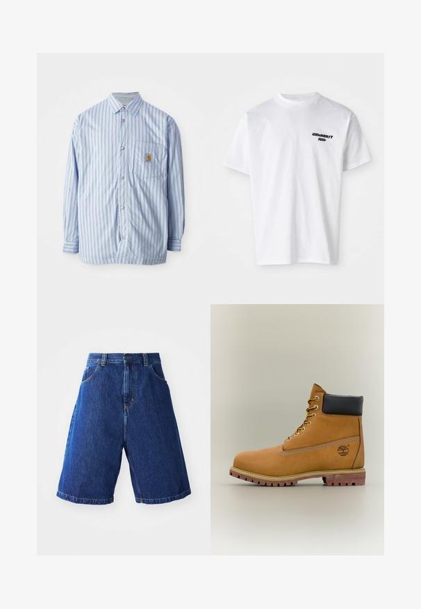 Camisa de botones a rayas en azul claro y blanco con acentos rojos. Tiene un bolsillo en el pecho y mangas largas. Está hecha de una tela suave.; Camiseta de algodón blanca con cuello redondo. Logo de texto en negro en el área del pecho izquierdo. Mangas cortas, corte relajado y textura suave.; Shorts de mezclilla con un lavado azul, con una cintura alta, dos bolsillos delanteros y costuras amarillas a lo largo de las costuras.; Bota de tobillo de cuero marrón con cuello negro, cordones amarillos y suela beige. Presenta un logotipo y detalles de costura blanca. Suela exterior con tracción robusta.