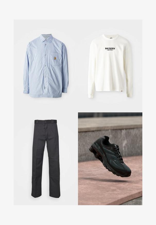 Gestreiftes Hemd in Hellblau und Weiß mit roten Akzenten. Verfügt über eine Brusttasche und lange Ärmel. Hergestellt aus einem glatten Stoff.; Weißes Langarm-Sweatshirt mit Rippstruktur, das ein schwarzes Logo "DICKIES" mit "SINCE '22" darunter zeigt, Rundhals und umgenähte Ärmel.; Schwarze Hose aus strapazierfähigem Material, mit geradem Bein, einem Bund mit Gürtelschlaufen und Nähten für zusätzlichen Textur.; Schwarzer athletischer Sneaker mit sichtbarer Air-Cushioning-Zwischensohle, der über einer rosa Steinoberfläche mit grauer Steinmauer im Hintergrund schwebt.