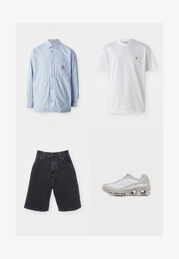Camisa de botones a rayas en azul claro y blanco con acentos rojos. Tiene un bolsillo en el pecho y mangas largas. Está hecha de una tela suave.; Camiseta de algodón blanca con mangas cortas, cuello redondo, que presenta un pequeño logo dorado en la parte izquierda del pecho. Textura suave y corte regular.; Shorts de mezclilla oscura con cintura alta, que cuentan con dos bolsillos frontales, costuras amarillas en contraste y un corte recto con un acabado doblado.; Zapatilla deportiva gris y blanca con suela visible de amortiguación de aire y paneles de malla, mostrada de perfil sobre un fondo claro y sencillo.