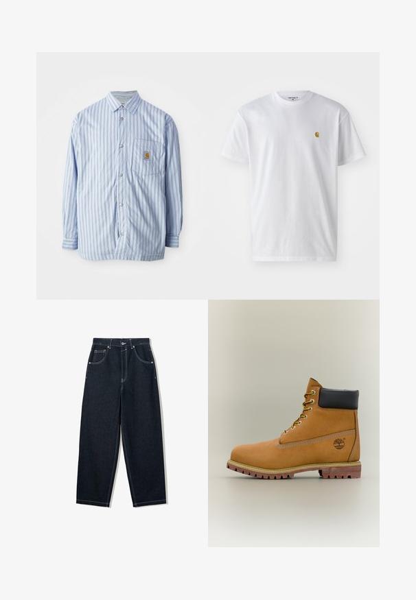 Gestreept button-up shirt in lichtblauw en wit met rode accenten. Heeft een borstzak en lange mouwen. Gemaakt van een soepele stof.; Witte katoenen t-shirt met korte mouwen en ronde hals, voorzien van een klein gouden logo op de linkerkant van de borst. Zachte textuur en een normale pasvorm.; Donkerindigo jeans met rechte pijpen, witte contrasterende stiksels, ontwerp met vijf zakken en metalen knoopsluiting in de taille.; Bruine leren enkellaars met zwarte kraag, gele veters en een zandkleurige zool. Voorzien van een logo en witte stikseldetails. Robuuste loopzool met grip.