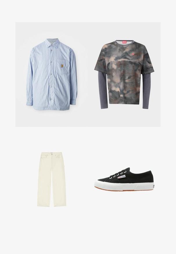 Gestreiftes Hemd in Hellblau und Weiß mit roten Akzenten. Verfügt über eine Brusttasche und lange Ärmel. Hergestellt aus einem glatten Stoff.; Perforiertes kurzärmeliges Hemd mit Camouflage-Muster, getragen über einem einfarbigen grauen Langarmshirt mit rotem Diesel-Logo auf der Brust und am Kragenetikett.; Hosen in Creme mit geradem Bein, vorne und seitliche Taschen, Knopfverschluss und Gürtelschlaufen, flach auf einem weißen Hintergrund liegend.; Schwarze Leinenschuhe mit weißer Gummisohle und brauner Gummilaufsohle. Merkmale sind eine runde Zehenform, Schnürdesign und ein kleines Logoetikett an der Seite.