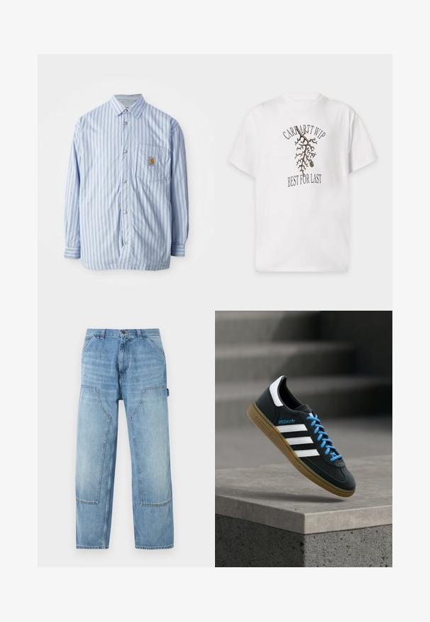 Stribet skjorte i lyseblå og hvid med røde accenter. Har en brystlomme og lange ærmer. Fremstillet af et glat materiale.; Hvid t-shirt med korte ærmer med en brun gren, en grøn oliven og sort tekst "Carhartt WIP" over og "Best for Last" under grenen.; Lyseblå denim-snedkerbukser med store frontlommer og en hammerstrop på højre side, lige ben.; Sort Adidas sneaker med hvide striber, blå snørebånd og gummisål, der svæver over gråt betontrin i blødt lys.