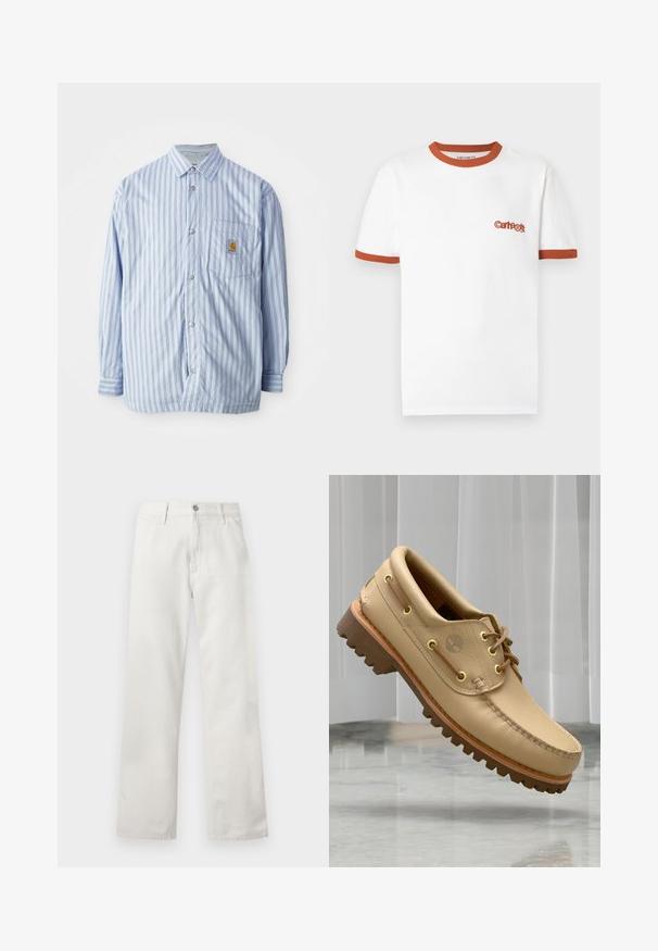 Stribet skjorte i lyseblå og hvid med røde accenter. Har en brystlomme og lange ærmer. Fremstillet af et glat materiale.; Hvid bomulds-T-shirt med orange ribbet halsudskæring og ærmekanter. Har et lille, rødt Carhartt-logo på venstre bryst.; Herre straight leg hvide denim jeans med knap- og lynlåslukning, bæltestropper og forlommer.; Lysbrune læderbådsko med tyk, rillet sål og snøre detaljer, svævende over et marmor gulv med baggrund af hvide lodrette persienner.