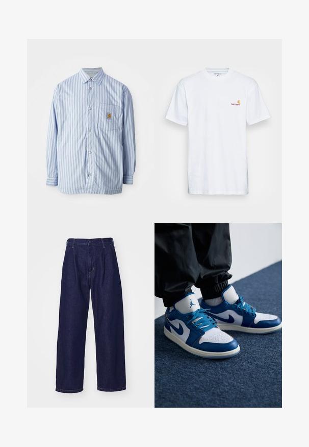 Camisa de botones a rayas en azul claro y blanco con acentos rojos. Tiene un bolsillo en el pecho y mangas largas. Está hecha de una tela suave.; Camiseta de algodón blanca de manga corta. Diseñada con un pequeño logotipo naranja y marrón en el lado izquierdo del pecho. Presenta un cuello redondo clásico.; Jeans de mezclilla azul oscuro, diseño de pierna ancha, cintura alta, con cierre de botón y estilo clásico de cinco bolsillos. Textura suave, costura sutil.; Las zapatillas Nike Air Jordan cuentan con una base de cuero blanco con acentos sintéticos azules, una caja de dedos perforada y cordones azules.