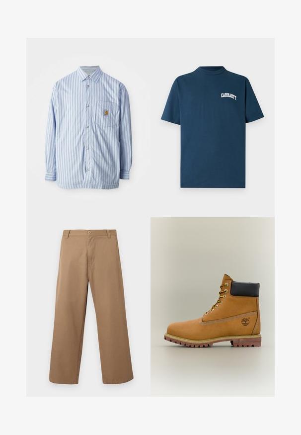 Stribet skjorte i lyseblå og hvid med røde accenter. Har en brystlomme og lange ærmer. Fremstillet af et glat materiale.; Marineblå bomulds t-shirt med korte ærmer og rund hals. Har et hvidt "Carhartt"-logo trykt på venstre bryst.; Beige bukser med vide ben, bæltestropper, forreste knap og lynlås, vist mod en ensartet lys baggrund.; Brun læderankelstøvle med sort krave, gule snørebånd og tanfarvet sål. Har logo og hvide syninger som detalje. Robust ydersål med greb.