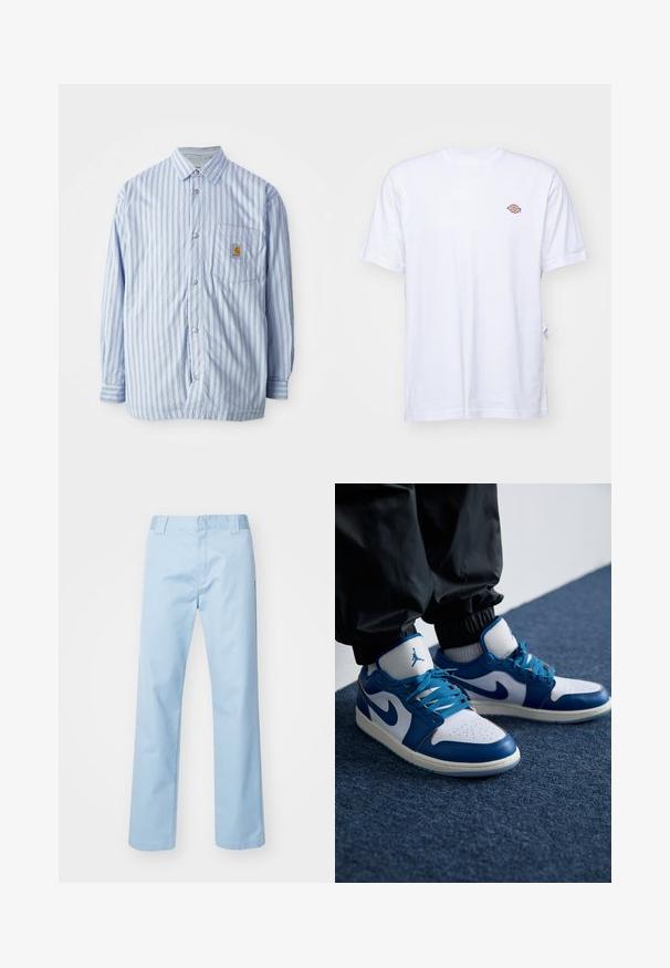 Stribet skjorte i lyseblå og hvid med røde accenter. Har en brystlomme og lange ærmer. Fremstillet af et glat materiale.; Hvid bomulds t-shirt med v-hals og korte ærmer. Har et lille farverigt broderet logo på venstre bryst. Blød tekstur.; Lyseblå lige bukser lavet af en blanding af bomuldsstof. Har en flad frontlinning, sidelommer og ingen synlige mønstre eller udsmykninger.; Nike Air Jordan sneakers har en hvid læderbase med blå syntetiske detaljer, en perforeret tåboks og blå snørebånd.