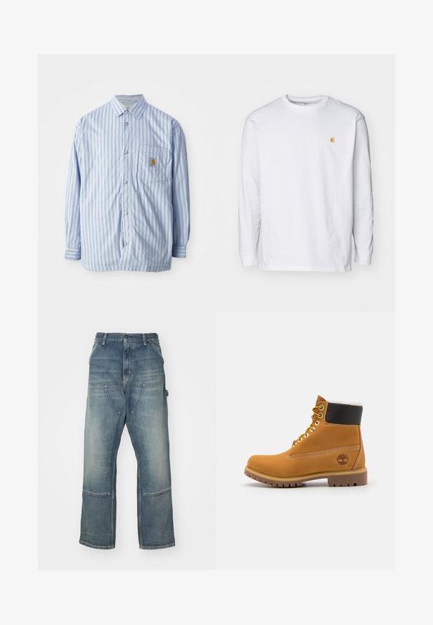 Gestreept button-up shirt in lichtblauw en wit met rode accenten. Heeft een borstzak en lange mouwen. Gemaakt van een soepele stof.; Witte lange mouwen t-shirt van katoen. Voorzien van een klein gouden logo op de borst en een ronde hals. Eenvoudig ontwerp en standaard pasvorm.; Lichtblauwe jeans met een relaxte pasvorm, gemaakt van denim. Heeft wijde broekspijpen, grote voorkruiszakken en contrasterende stikdetails.; Bruine leren enkellaars met metalen oogjes, witte faux bont voering, zwarte gewatteerde kraag, robuuste zool en een reliëflogo aan de zijkant.