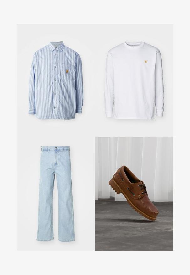 Camisa de botones a rayas en azul claro y blanco con acentos rojos. Tiene un bolsillo en el pecho y mangas largas. Está hecha de una tela suave.; Camiseta de manga larga blanca de algodón. Cuenta con un pequeño logo dorado en el pecho y un cuello redondo. Diseño simple y corte estándar.; Jeans de mezclilla azul claro con un corte relajado, presentan una cintura alta, bolsillos frontales y un diseño de pierna recta. Las superficies tienen una textura suave.; Zapato náutico de cuero marrón con cordones negros, costuras beige y una suela resistente, suspendido sobre un suelo de hormigón gris.