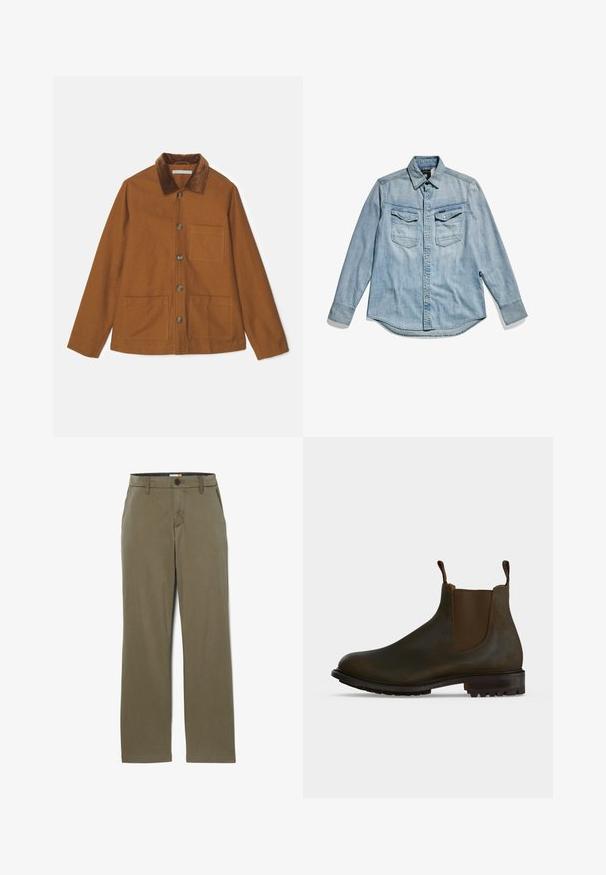 Brun uldblandingsjakke med kordfløjskrave, frontknapper og to store lommer. Har en lige pasform og lange ærmer.; Lyseblå cowboyskjorte med lange ærmer, knaplukning foran, to brystlommer og klassisk krave. Blød tekstur med et afslappet design.; Oliven grøn bomuldsbukser med lige ben, der har en knaplukning og bæltestropper. Glat tekstur med subtile stingdetaljer.; Mørkebrune læder Chelsea-støvler med elastiske sidepaneler, trækflapper ved anklen og en grovmønstret gummisål.