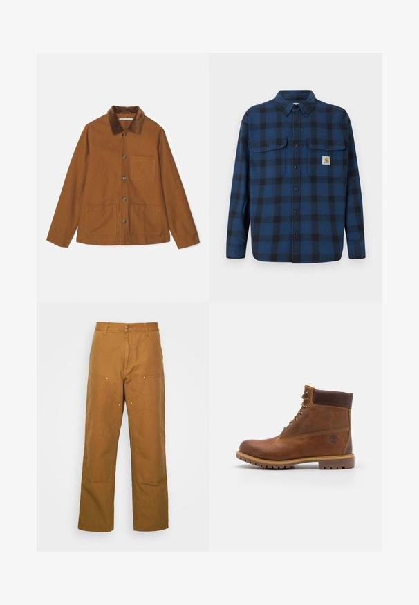 Brun uldblandingsjakke med kordfløjskrave, frontknapper og to store lommer. Har en lige pasform og lange ærmer.; Blå og sort ternet flannel skjorte med lange ærmer, en knappet front, to brystlommer og et mærke på den venstre lomme.; Brune bomuldsarbejdsbukser med lige ben-design, der har frontlommer og metalhardware detaljer for ekstra holdbarhed.; Brun læder vandrestøvle med en glat finish, polstret ankel, metalliske snørehuller og en gummisål med et robust dækmønster.