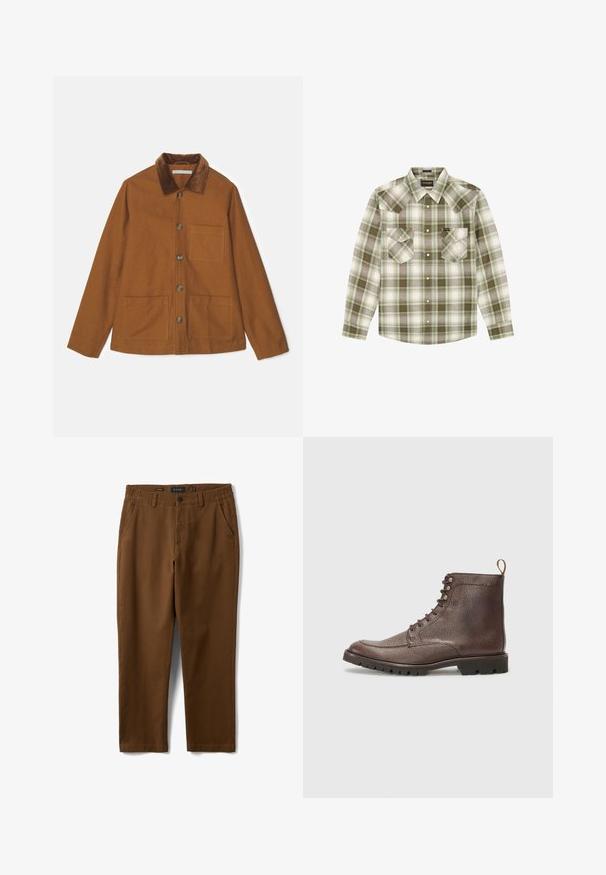 Chaqueta de mezcla de lana marrón con cuello de pana, botones en el frente y dos grandes bolsillos. Presenta un corte recto y mangas largas.; Camisa de manga larga a cuadros en verde, beige y blanco con cierre de botones en el frente y dos bolsillos en el pecho, etiqueta de la marca Wrangler en el bolsillo y en el cuello.; Pantalones marrones de pierna recta con presillas para cinturón, bolsillos laterales y cierre frontal con botón y cremallera.; Hackett London SLOANE APRON - Botines con cordones - dark mocca brown