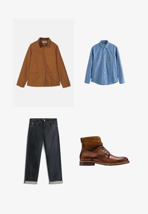 Chaqueta de mezcla de lana marrón con cuello de pana, botones en el frente y dos grandes bolsillos. Presenta un corte recto y mangas largas.; Camisa azul de chambray de manga larga con botones al frente y dos bolsillos en el pecho, desplegada sobre un fondo blanco.; Vaqueros de mezclilla azul oscuro con puños enrollados, cinco bolsillos y costuras de contraste, extendidos planos sobre un fondo blanco.; Kazar ALID - Botines con cordones - brown