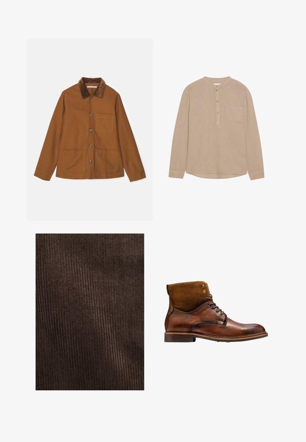 Brun uldblandingsjakke med kordfløjskrave, frontknapper og to store lommer. Har en lige pasform og lange ærmer.; Beige langærmet skjorte med henley halsudskæring, knaplukning, venstre brystlomme, blød tekstur og rundet kant.; Brun kordfløjlstof med lodrette ribber, blød tekstur og en dyb, rig farve, velegnet til polstring eller tøj.; Kazar ALID - Snørestøvletter - brown