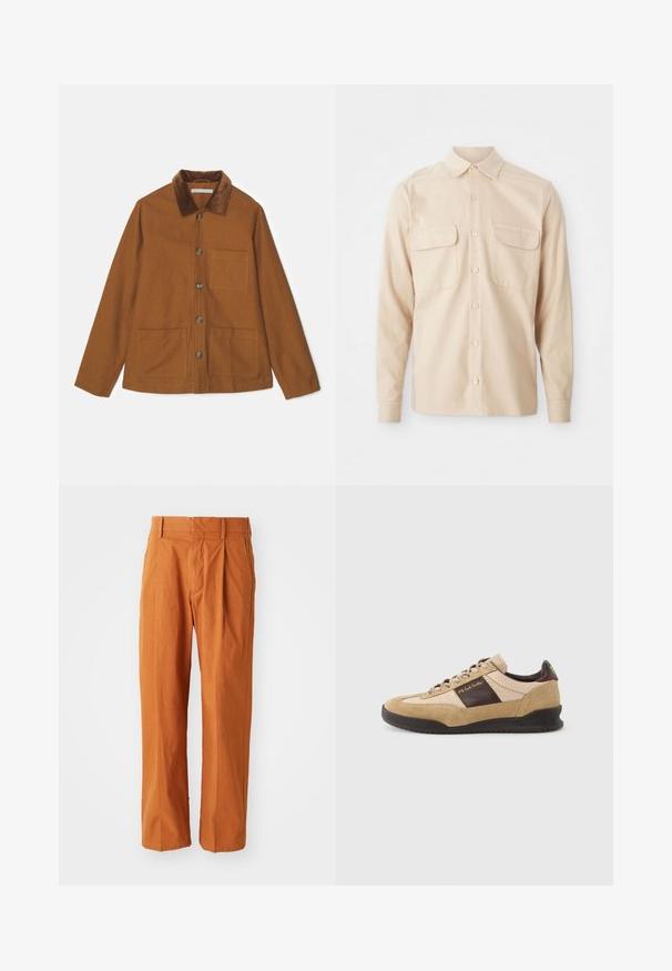 Brun uldblandingsjakke med kordfløjskrave, frontknapper og to store lommer. Har en lige pasform og lange ærmer.; Beige langærmet skjorte lavet af vævet stof, med to brystlommer, en spids krave og knaplukning foran. Glat tekstur.; Orange bomuldsbukser med lige pasform, der har frontfolder, bæltestropper og en glat tekstur. Klassisk design uden mønstre.; Beige ruskindssneaker med et tekstureret brunt panel, kontrasterende brun hæl og flerfarvede snørebånd. Har en sort gummisål og guldfarvet mærkning.