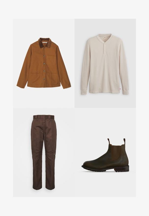 Braune Wollmischung Jacke mit einem Kordkragen, Frontknöpfen und zwei großen Taschen. Hat einen geraden Schnitt und lange Ärmel.; Langärmliges Henley-Shirt aus leicht beigem Rippstoff mit V-Ausschnitt, Knopfleiste mit drei Knöpfen und angeschnittenen Ärmeln. Roter Logo-Tag am Saum.; Braune, gerade geschnittene Hose mit glatter Textur. Verfügt über einen Gürtelschlaufen, Seitennähte und ein kleines Markenlogo am linken Bein.; Dunkelbrauner Leder-Chelsea-Boot mit elastischen Seitenpaneelen, Zuglaschen am Knöchel und profillaufsohle aus Gummi.