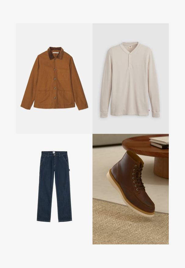 Braune Wollmischung Jacke mit einem Kordkragen, Frontknöpfen und zwei großen Taschen. Hat einen geraden Schnitt und lange Ärmel.; Langärmliges Henley-Shirt aus leicht beigem Rippstoff mit V-Ausschnitt, Knopfleiste mit drei Knöpfen und angeschnittenen Ärmeln. Roter Logo-Tag am Saum.; Dunkelblaue Jeans mit geradem Bein, Vordertaschen, Gürtelschlaufen und Knopfverschluss an der Taille.; Braune Leder-Ankle-Boots mit beiger Sohle auf einem strukturierten beigen Teppich neben einem runden Holztisch mit gestapelten Büchern.