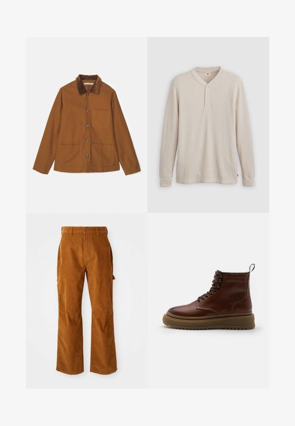 Brun uldblandingsjakke med kordfløjskrave, frontknapper og to store lommer. Har en lige pasform og lange ærmer.; Langærmet henley-skjorte i lys beige ribbet stof, med V-hals, tre-knap placket og manchetter ved ærmerne. Rød logo-tags ved kanten.; Brune kordfløjlsbukser med en udvidet benstruktur, med sidelommer og en frontknaplukning. Teksturen er blød og ribbet.; Brun læder ankelstøvle med rund tå, snørebåndsfront, polstret krave og tyk gummisål med rillemønster.
