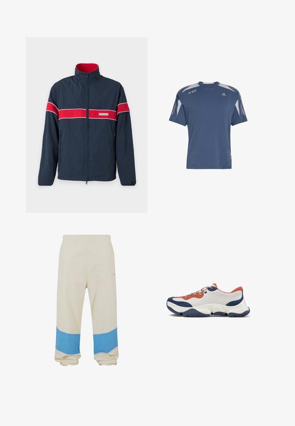 Veste zippée bleu marine avec des rayures horizontales rouge et blanche, un col montant et des poches latérales. Fabriquée dans un matériau léger.; T-shirt de sport bleu à manches courtes en tissu léger. Il présente des accents blancs sur les épaules et un logo sur la poitrine. Coupe droite avec un col rond.; Pantalons beiges avec une large bande bleue près de l'ourlet. Fabriqués en tissu doux, avec une taille élastique et une coupe décontractée.; Baskets avec une tige en cuir blanc, des accents orange et marine, des lacets multicolores et une épaisse semelle en caoutchouc marine avec des rainures texturées.