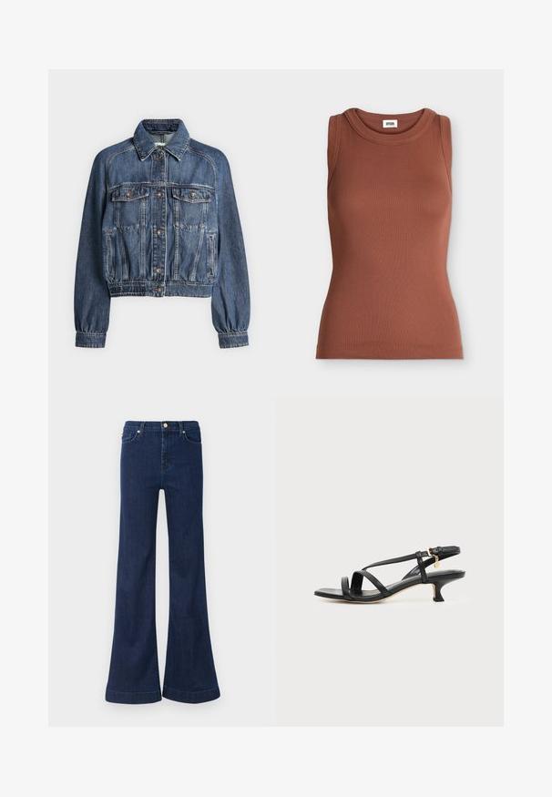 Veste en jean bleue avec fermeture à boutons, deux poches poitrine à rabat, poches latérales et poignets et ceinture élastiques.; Débardeur marron slim fit en côtes sans manches avec encolure ronde et étiquette de marque à l’intérieur du col.; Jean flare bleu foncé en denim, doté d'une taille haute, d'un léger délavage et de finitions en doré sur les poches avant et le système de fermeture.; Sandale noire en cuir à brides fines, talon bas kitten, boucle à la cheville et petit pendentif doré sur fond clair uni.