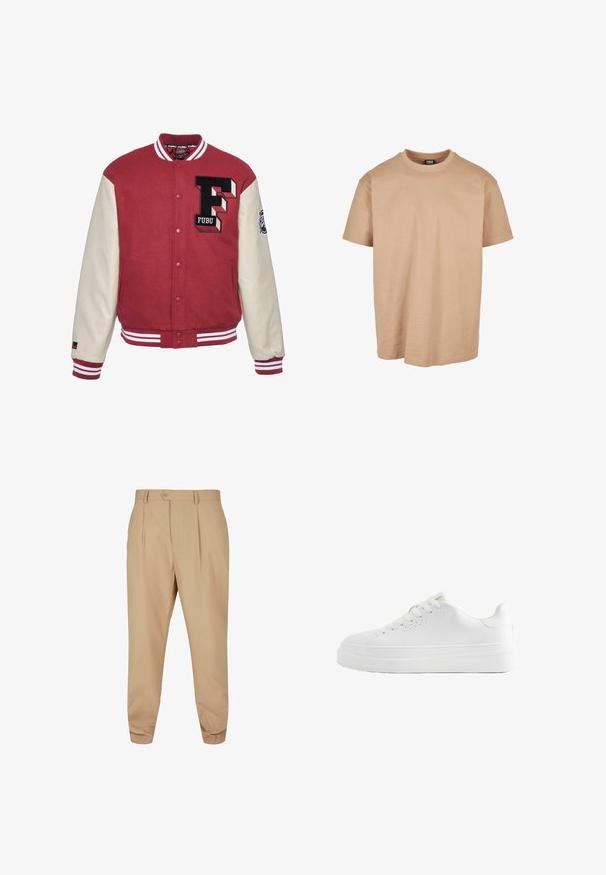 Rød varsity-jakke med cremefarvede ærmer, der har et broderet "F" logo, ribbede manchetter og hvid stribet kant. Glat tekstur, knaplukning.; Beige bomulds t-shirt med rund hals, korte ærmer og en afslappet pasform; har en glat tekstur og et minimalistisk design.; Beige skræddersyede bukser med læg, knaplukning, bæltestropper og tapered ben på en hvid baggrund.; Hvid lavtop sneaker med tyk sål, snørebånd foran og små ventilationshuller på siden, vist i profil.
