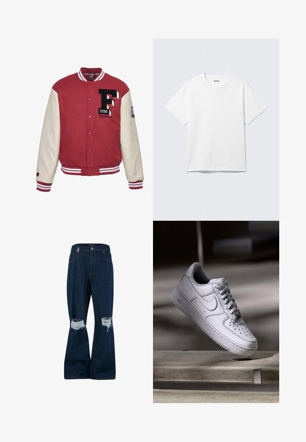 Rød varsity-jakke med cremefarvede ærmer, der har et broderet "F" logo, ribbede manchetter og hvid stribet kant. Glat tekstur, knaplukning.; Hvid kortærmet crewneck T-shirt lagt fladt ud, ensfarvet design, med "WEEKDAY" mærkat inde i kraven på en lys baggrund.; 2Y Studios ANDUIN RIPPED BAGGY - Baggy jeans - raw; Hvid læder Nike Air Force 1 sneaker med perforeret tå, flade snørebånd og tekstureret gummisål med "AIR" branding på siden.
