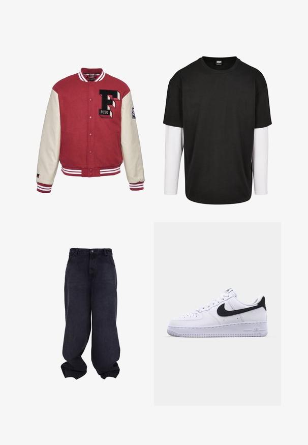 Rød varsity-jakke med cremefarvede ærmer, der har et broderet "F" logo, ribbede manchetter og hvid stribet kant. Glat tekstur, knaplukning.; Sort kortærmet t-shirt med et hvidt langærmet lag under. Lavet af bomuld med rund halsudskæring og afslappet pasform.; Sorte oversized løstsiddende jeans med knap- og lynlåsfrontlukning, forlommer og løse, brede ben.; Hvide lædersneakers med en struktureret sort Swoosh, flade snørebånd og en gummisål med et rillemønster. "AIR" er præget på hælen.