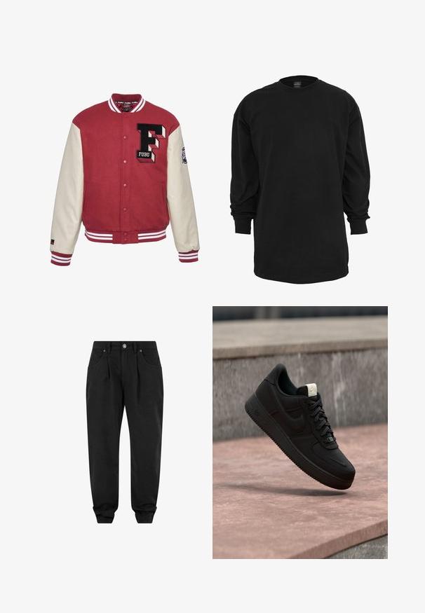 Rød varsity-jakke med cremefarvede ærmer, der har et broderet "F" logo, ribbede manchetter og hvid stribet kant. Glat tekstur, knaplukning.; Sort langærmet t-shirt lavet af bomuld. Har en rund halsudskæring og almindelig pasform. Glat tekstur uden synlige mønstre eller detaljer.; Sorte bukser med en afslappet pasform, der har en knaplukning, to forlommer og elastiske manchetter for komfort. Glat stof texture.; Sort Nike Air Force 1 sneaker, der svæver over en lyserød betonforkant med en grå stenet baggrund, som viser sidde- og topdetaljer.