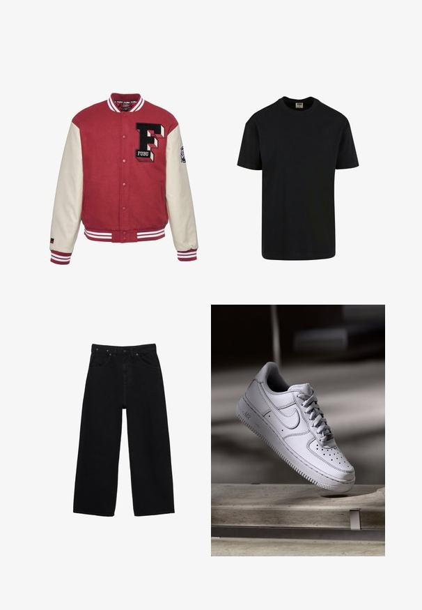 Červená varsity bunda s krémovými rukávmi, so vyšívaným logom "F", rebrovanými manžetami a bielymi pruhmi. Hladká textúra, zapínanie na gombíky.; Urban Classics SHORTSLEEVE - Základné tričko - black; Čierne rifle s širokými nohavicami, predným zapínaním na gombík a zips, pútkami na opasok a klasickým päťvreckovým dizajnom.; Biely kožený teniska Nike Air Force 1 má perforovanú špičku, ploché šnúrky a štruktúrovanú gumovú podrážku s nápisom „AIR“ na boku.