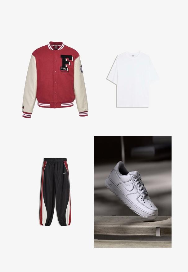 Rote Collegejacke mit cremefarbenen Ärmeln, ausgestattet mit einem gestickten "F"-Logo, gerippten Bündchen und weißen Streifenakzenten. Glatte Textur, Knopfverschluss.; Weißes, übergroßes Baumwoll-T-Shirt mit rundem Ausschnitt und kurzen Ärmeln; glatte Textur, keine sichtbaren Muster oder Akzente.; Schwarze Trainingshose mit roten und weißen Seitenstreifen, elastischem Bund und gesammelten Bündchen. Hergestellt aus leichtem, glattem Stoff.; Weißer Nike Air Force 1 Sneaker aus Leder mit perforierter Zehenpartie, flachen Schnürsenkeln und strukturierter Gummisohle mit "AIR"-Branding an der Seite.