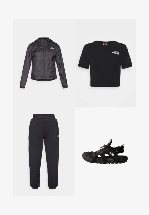 Veste coupe-vent noire en matériau léger et brillant. Elle dispose d'une fermeture éclair sur le devant, d'une capuche et d'un logo sur la poitrine gauche.; T-shirt noir coupé en coton, avec un col ras du cou et des manches courtes. Le logo de la marque est brodé en blanc sur la poitrine.; The North Face W MOUNTAIN ATHLETICS - Pantalon de survêtement - black; Sandales d'extérieur noires avec dessus en mesh, sangles ajustables et semelle robuste. Comprend un cordon de traction et un logo sur le côté pour un maintien sécurisé.
