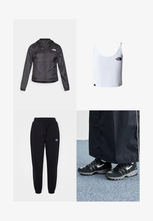 Veste coupe-vent noire en matériau léger et brillant. Elle dispose d'une fermeture éclair sur le devant, d'une capuche et d'un logo sur la poitrine gauche.; Débardeur court blanc avec fines bretelles, arborant le logo The North Face en noir sur la poitrine et près de l'ourlet inférieur.; Pantalons de jogging noirs avec taille élastique et poignets, cordon de serrage, poches latérales et petit logo blanc The North Face sur la cuisse droite.; Des chaussures de sport noires avec un dessus texturé, des accents argentés et une semelle extérieure à motifs, associées à un long vêtement noir. Présentées sur un tapis bleu.