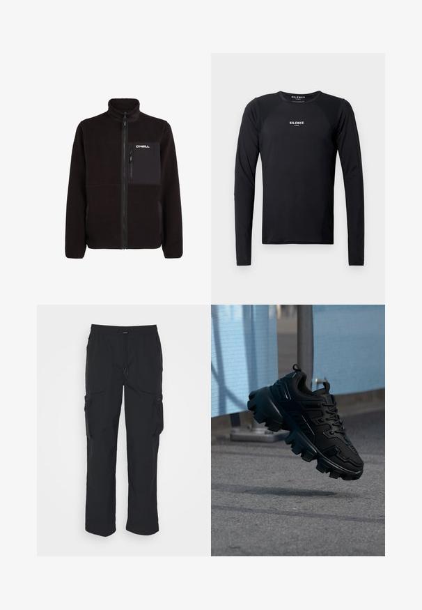 Μαύρο fleece μπουφάν με ψηλό γιακά, πλήρη μπροστινό φερμουάρ, τσέπη στο στήθος με κάθετο φερμουάρ και λογότυπο "O'Neill" στην τσέπη.; Μαύρο αθλητικό μπλουζάκι με μακριά μανίκια, φτιαγμένο από λείο και ελαφρύ ύφασμα. Διαθέτει στρογγυλή λαιμόκοψη, μανίκια ραγλάν και διακριτό λογότυπο στο στήθος.; Μαύρο cargo παντελόνι από υφαντό ύφασμα. Διαθέτει ρυθμιζόμενη ζώνη, πλαϊνές τσέπες και δύο τσέπες εργαλείων με φερμουάρ.; Μαύρο chunky αθλητικό παπούτσι με παχιά σόλα με πέλμα, που αιωρείται πάνω από γκρι πεζοδρόμιο, με φόντο θολό γαλάζιο και γκρι.