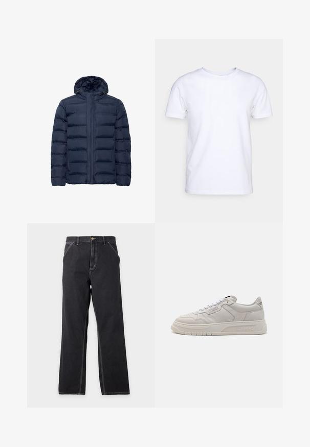 Chaqueta acolchada azul marino con capucha, que presenta secciones acolchadas horizontales, cierre frontal de cremallera y dos bolsillos laterales. Textura suave.; Camiseta blanca de manga corta en tejido de algodón con cuello redondo. Diseño simple sin patrones ni acentos. Textura suave.; Vaqueros negros de pierna recta con bolsillos delanteros, trabillas para el cinturón y costuras blancas visibles sobre un fondo liso gris claro.; Iceberg CLOCK V2 - Zapatillas - comb off white