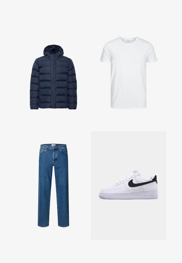 Marineblauwe gewatteerde jas met capuchon, voorzien van horizontale gestikte secties, rits aan de voorkant en twee zijzakken. Zacht aanvoelend.; Ronde hals kortemouwen t-shirt in effen wit, gemaakt van zachte katoen, heeft een eenvoudig ontwerp zonder zichtbare patronen of accenten.; Blauwe straight-leg denim jeans met knoop- en ritssluiting, ceintuurlussen en een vijfzakkenontwerp.; Witte leren sneaker met een gestructureerde zwarte Swoosh, platte veters en een rubberen zool met een geribbeld patroon. "AIR" is in de hak geperst.