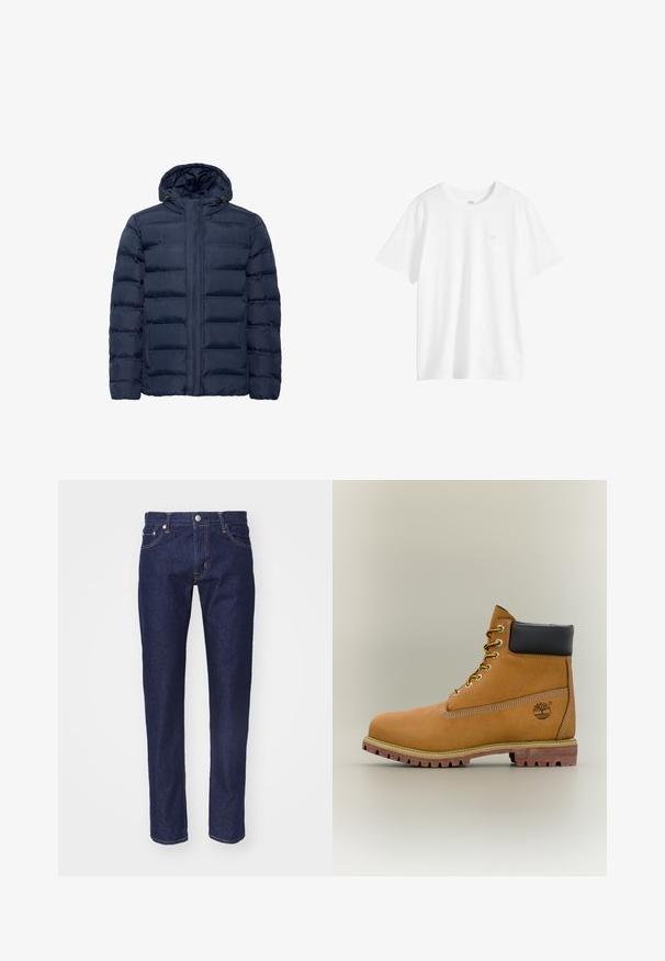 Veste matelassée bleu marine avec capuche, présentant des sections cousues horizontalement, fermeture éclair à l'avant et deux poches latérales. Texture douce.; T-shirt blanc uni à manches courtes et col rond avec un petit logo sur la poitrine du côté gauche, présenté sur un fond blanc.; Jean en denim bleu marine avec une coupe droite, une conception à cinq poches, des coutures orange contrastées et une fermeture à bouton en métal argenté à la taille.; Bottine en cuir marron avec col noir, lacets jaunes et semelle beige. Présente un logo et des détails de couture blanche. Semelle extérieure à traction robuste.
