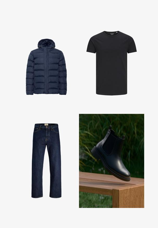 Marineblauwe gewatteerde jas met capuchon, voorzien van horizontale gestikte secties, rits aan de voorkant en twee zijzakken. Zacht aanvoelend.; Zwarte katoenen T-shirt met een ronde hals, korte mouwen en een eenvoudig ontwerp. Soepele textuur, geen patronen of zichtbare hardware.; Donkerblauwe denim jeans met rechte pijpen, voorzijde met knoop, ritssluiting en vijf zakken, plat liggend op een witte achtergrond weergegeven.; Zwarte leren enkelboot met elastische zijpanelen zwevend boven een houten bank, groene loof achtergrond.