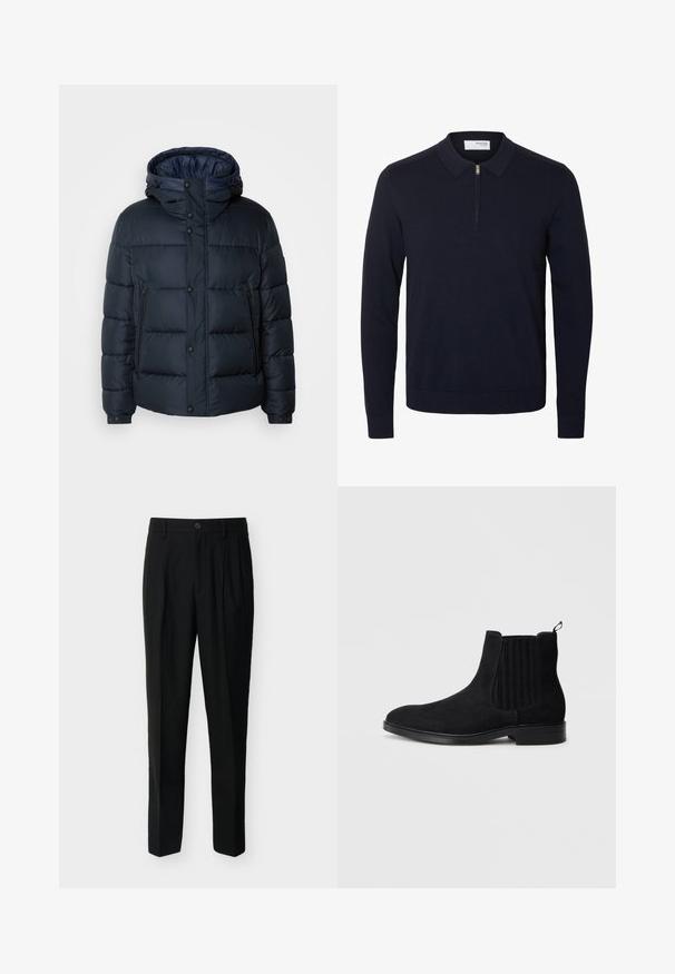 Tumesinine puhvjakiri kapuutsiga, tikkpatterndiga, ees lukuga ja nööbiga kinnitused, kaks küljetaskut ning elastsed varrukaotstarbelised. ; Tumesinine pika varrukaga pullover krae ja lühikese esiosaga tõmblukuga, valmistatud soonikkoes kangast varrukate ja äärega.; Mustad kõrge vöökohaga kohandatud püksid vööaasadega, ees voldid, küljetaskud ning nööp- ja tõmblukuga sulgemine.; Must have mustanustro Chelsea saapad elastsete külg- jaotustega, ümar varvas, õrn tekstuur ja tõmbeaas taga. Lame kummitald.