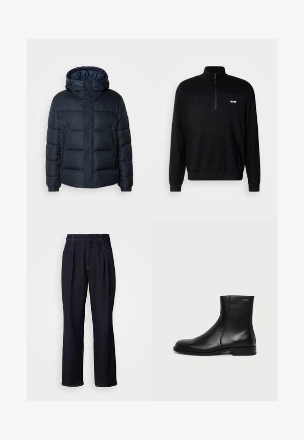 Marineblaue Steppjacke mit Kapuze, gestepptem Design, Frontreißverschluss und Druckknopfverschluss, zwei Seitentaschen und elastischen Bündchen.; Schwarzer Pullover mit Halbzip-Kragen, der eine gerippten Struktur an den Schultern und ein kleines weißes "BOSS"-Logo auf der Brust aufweist.; Dunkelblaue weit geschnittene Jeans mit vorderen Falten und orangen Nähten, auf weißem Hintergrund gezeigt.; Schwarzer Leder-Knöchelstiefel mit niedrigem Absatz, seitlicher Naht und kleinem "HUGO" Logo am oberen Schaft vor einfarbigem Hintergrund.